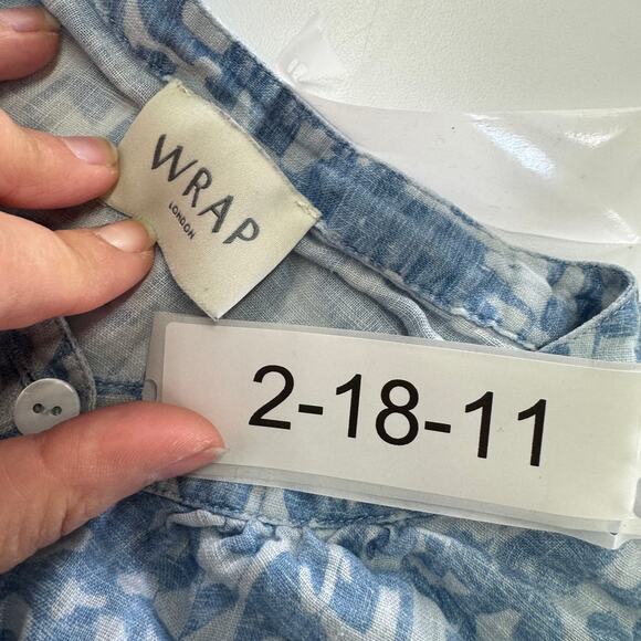 Wrap London Shirt Womens 14 Blue White Printed Button Up Linen Coastal - Picture 3 of 7